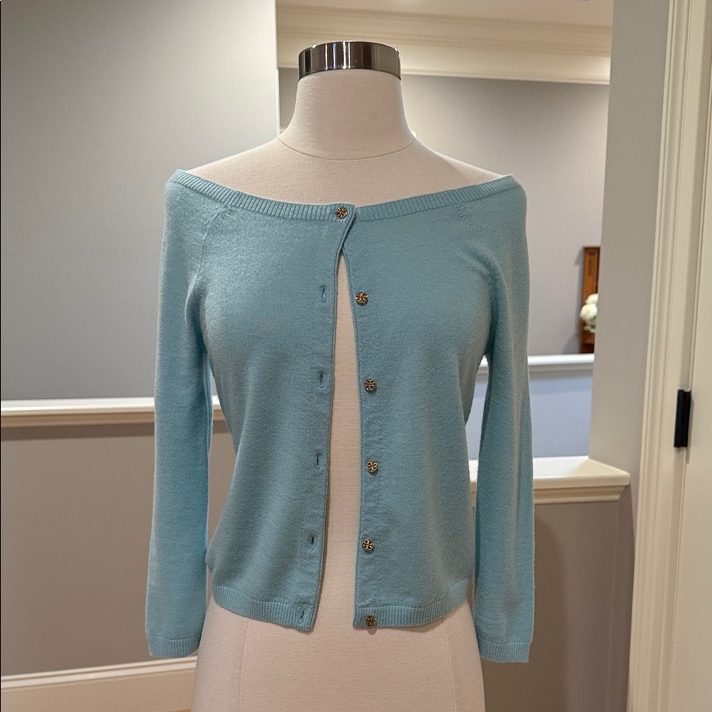 Tory Burch Cashmere Light Blue Off-Shoulder Button Cardigan